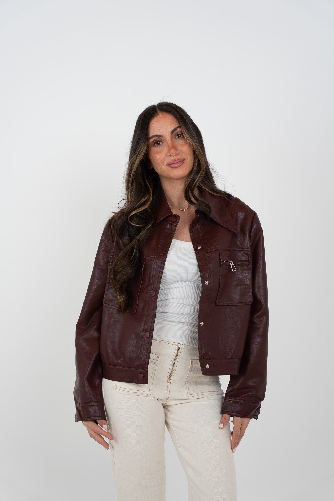 Leather jacket with button closure