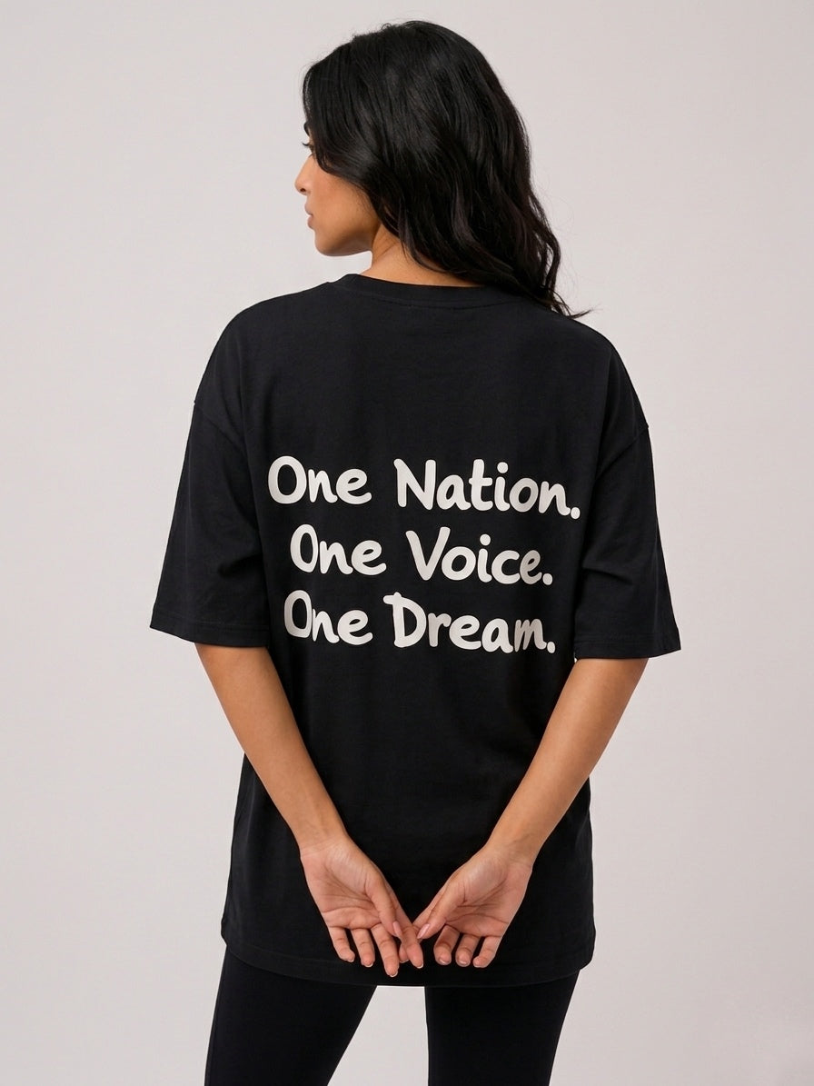 Oversized T-shirt with a red star on the front and back: "One nation. One voice. One dream."