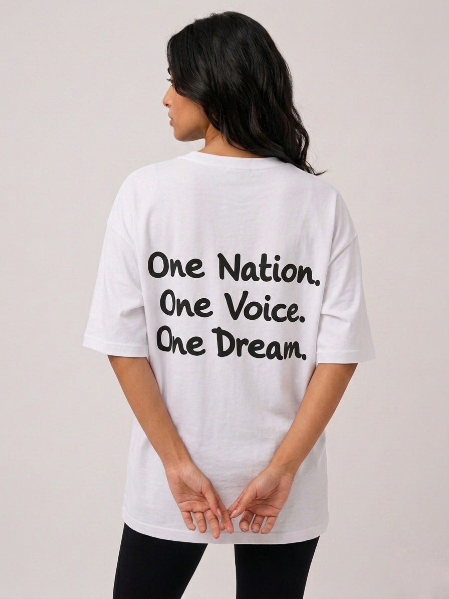 Oversized T-shirt with a red star on the front and back: "One nation. One voice. One dream."