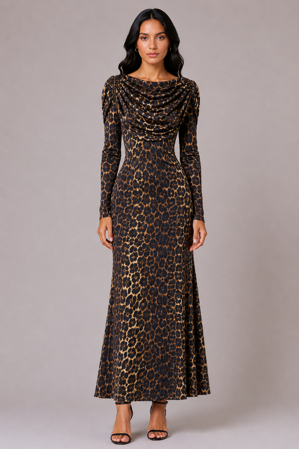 Long tiger-print dress with a gathered layer at the top.
