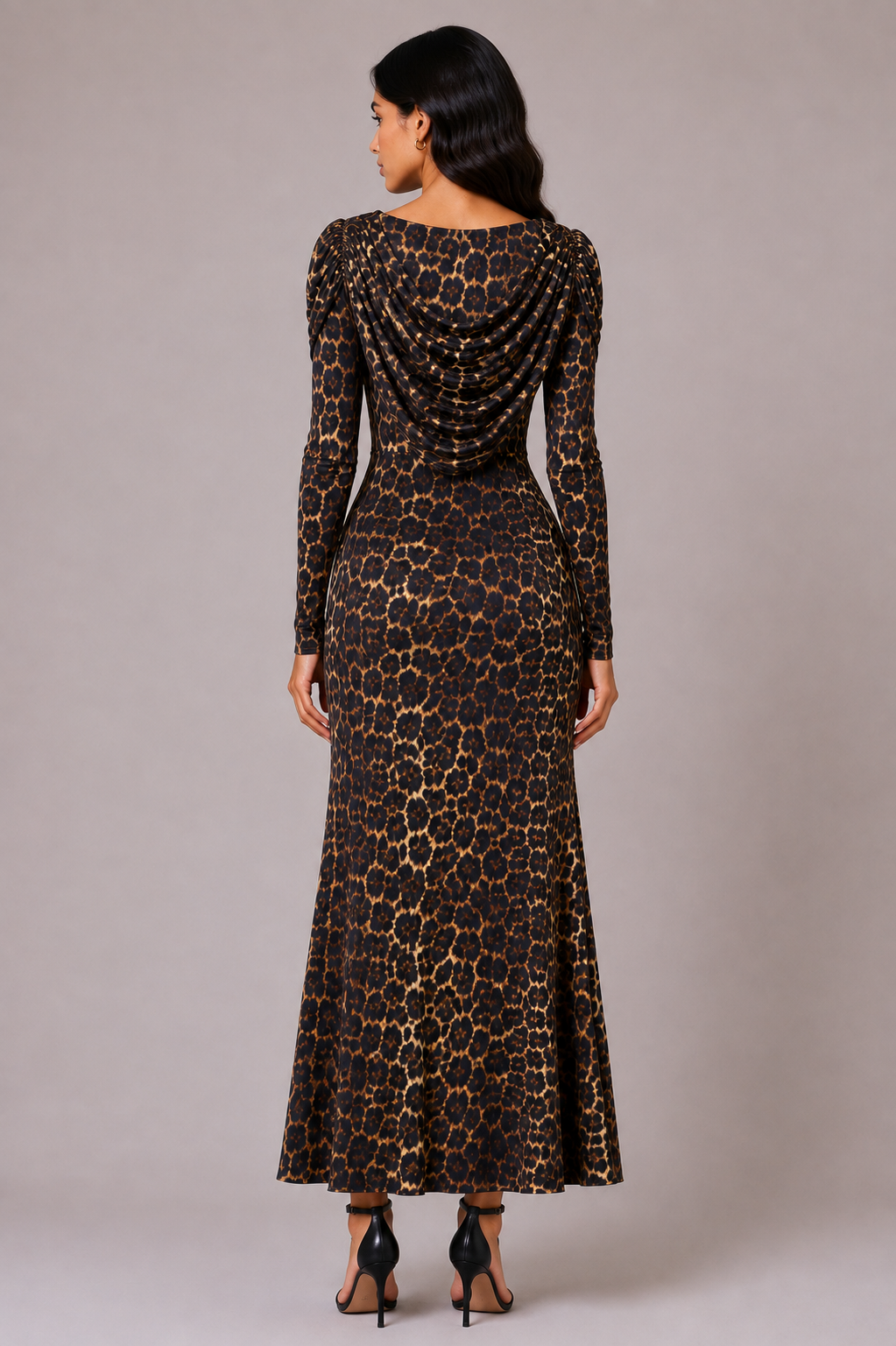 Long tiger-print dress with a gathered layer at the top.