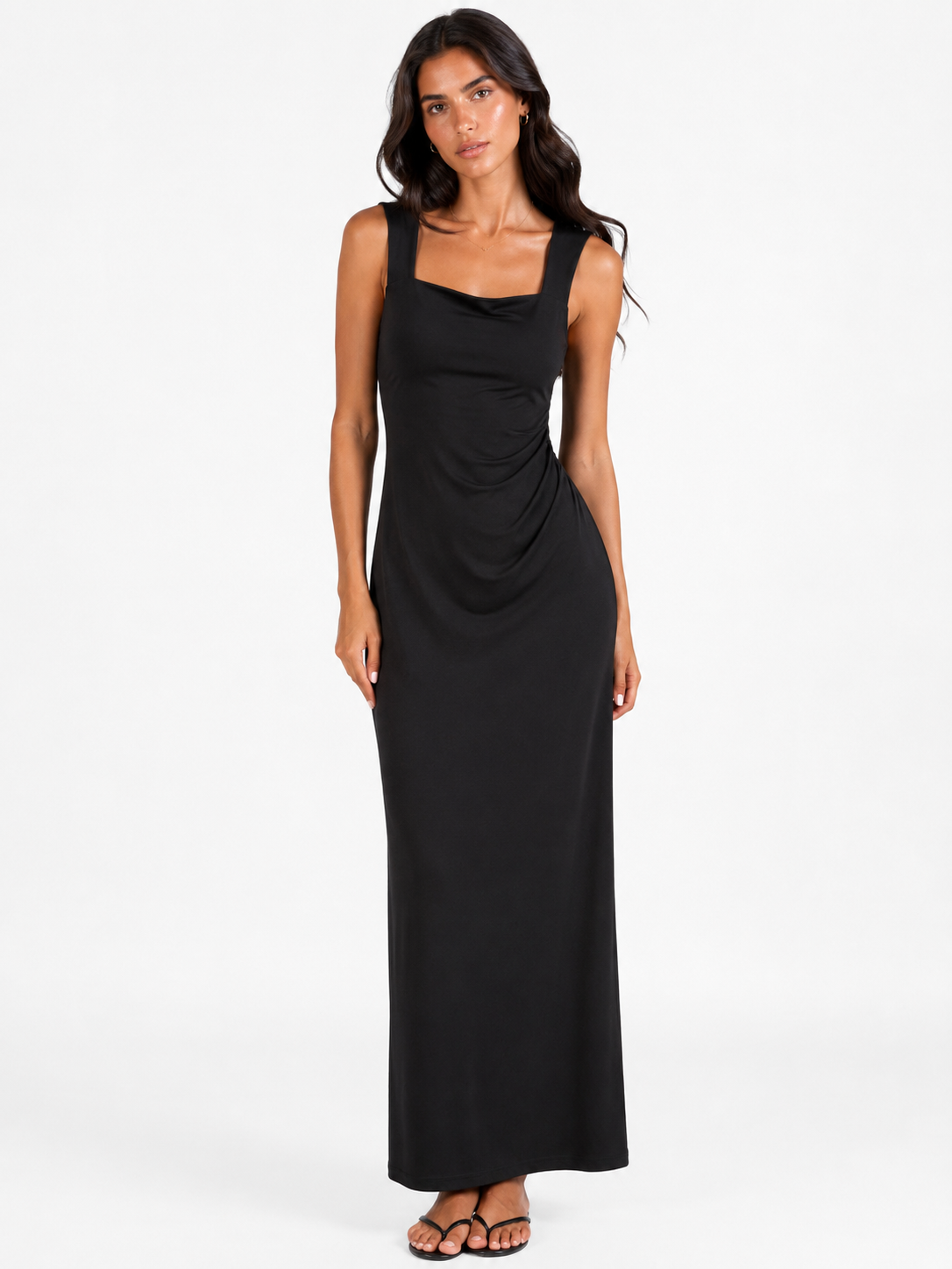 Sleeveless black maxi dress with a square neckline.