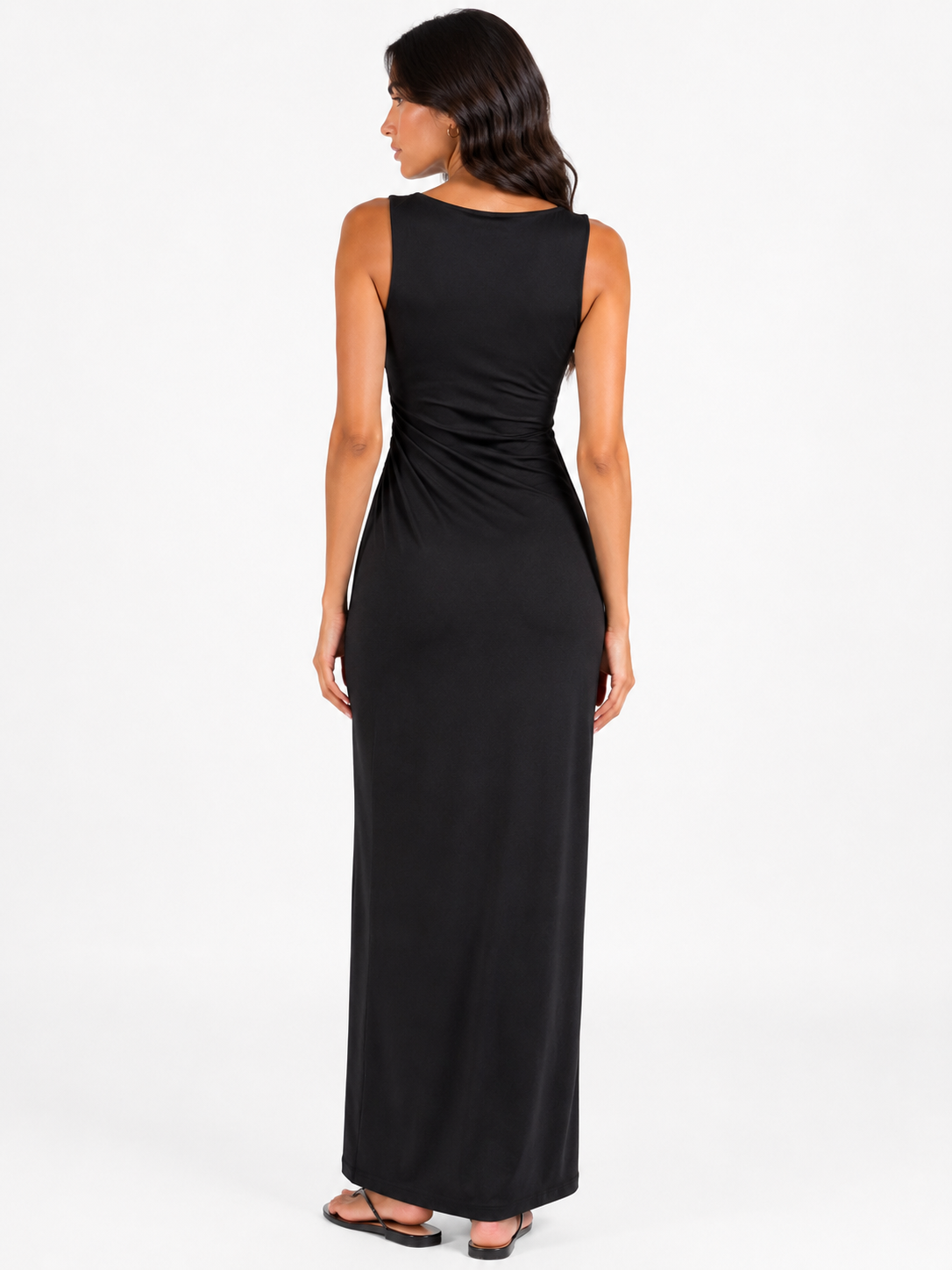 Sleeveless black maxi dress with a square neckline.
