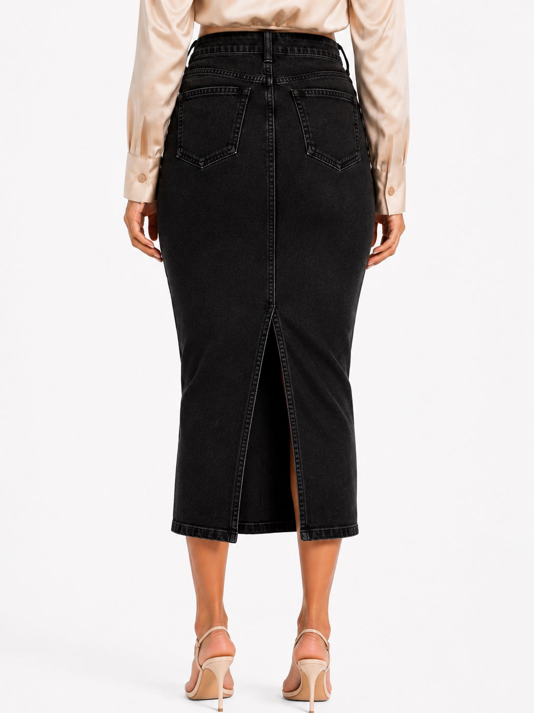 Long black distressed denim skirt