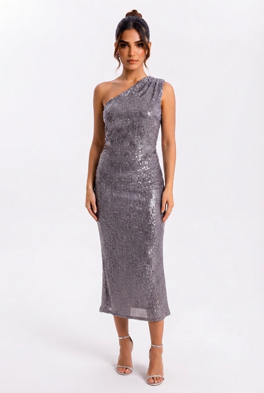 Long one-shoulder silver sequin dress