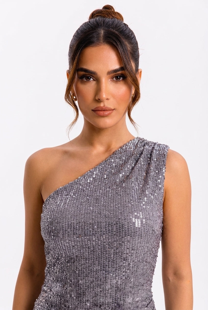 Long one-shoulder silver sequin dress