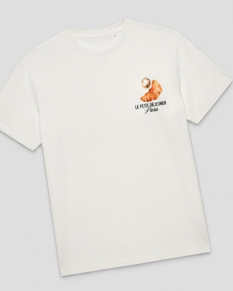Oversized white T-shirt with text on the back.