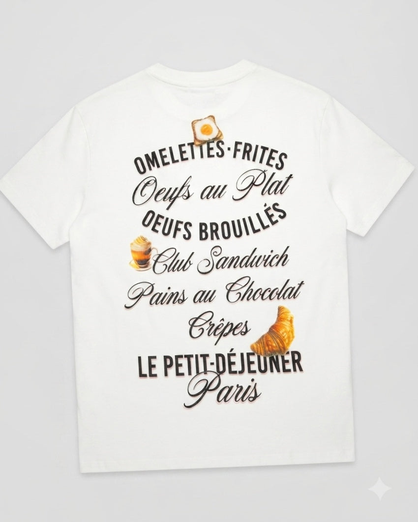 Oversized white T-shirt with text on the back.