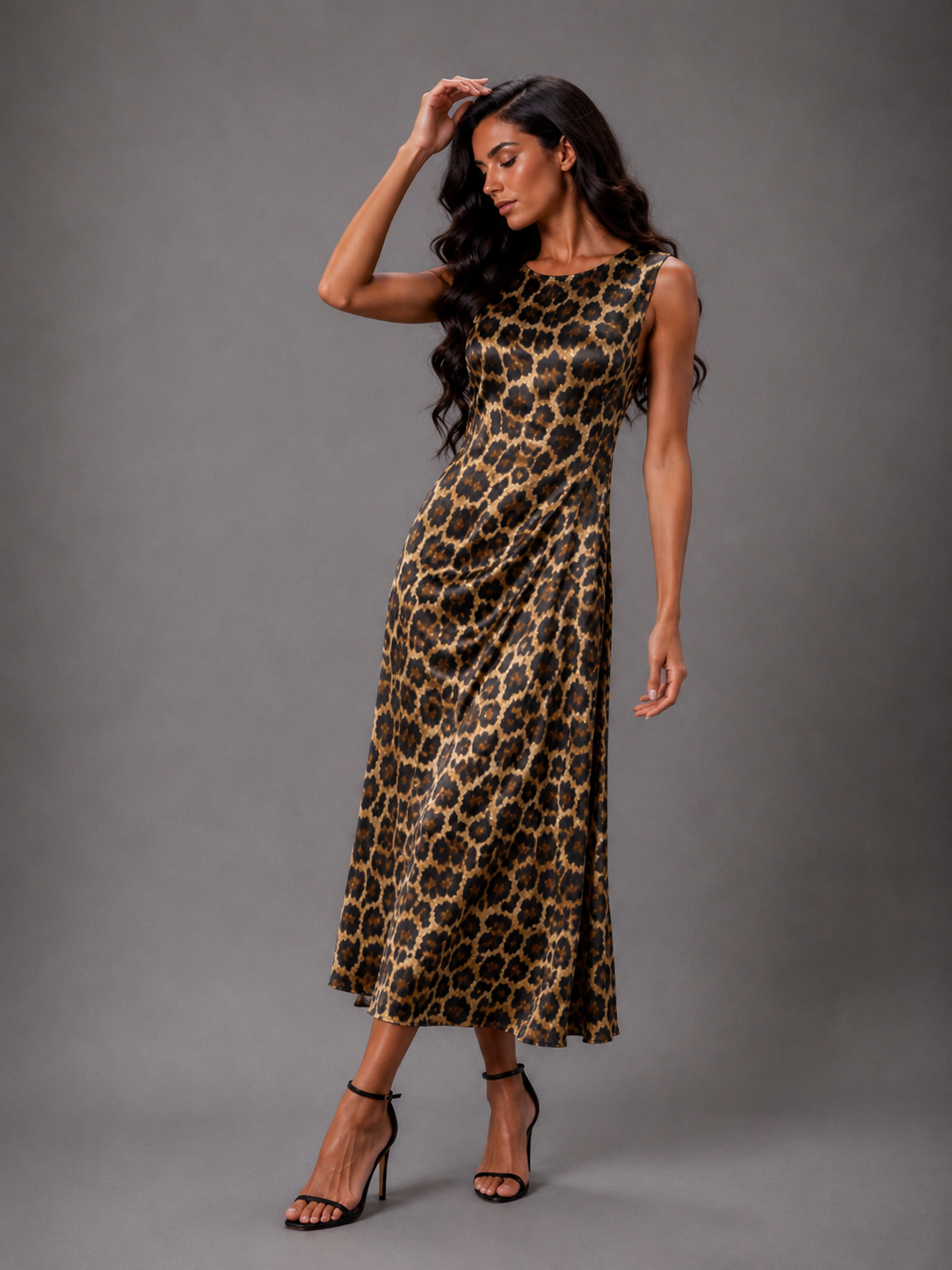 Long satin tiger-print dress