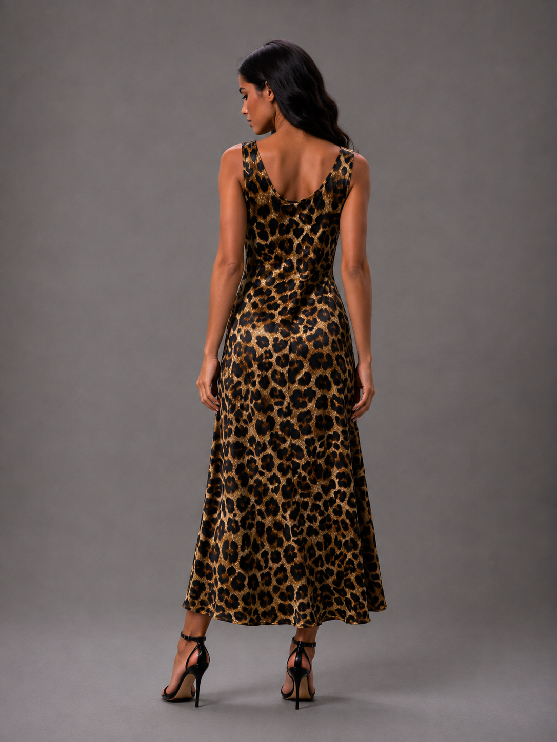 Long satin tiger-print dress