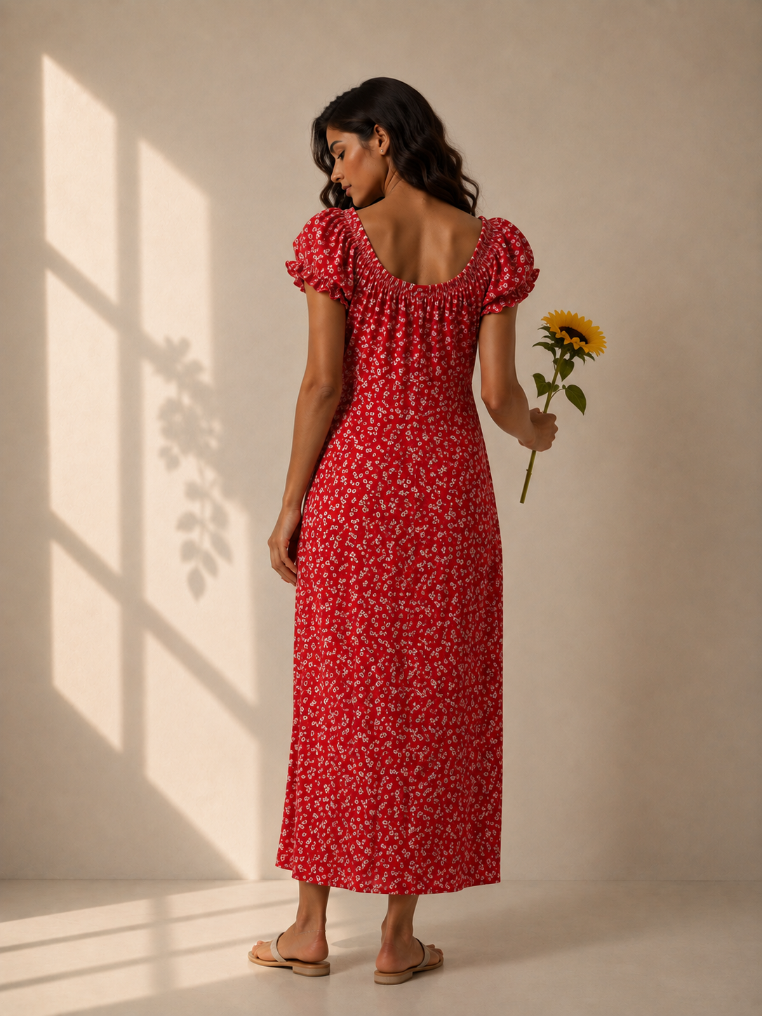 Long red floral dress with buttons