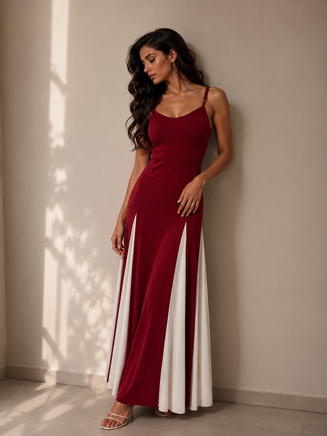 Long strap dress with white stripes at the bottom.