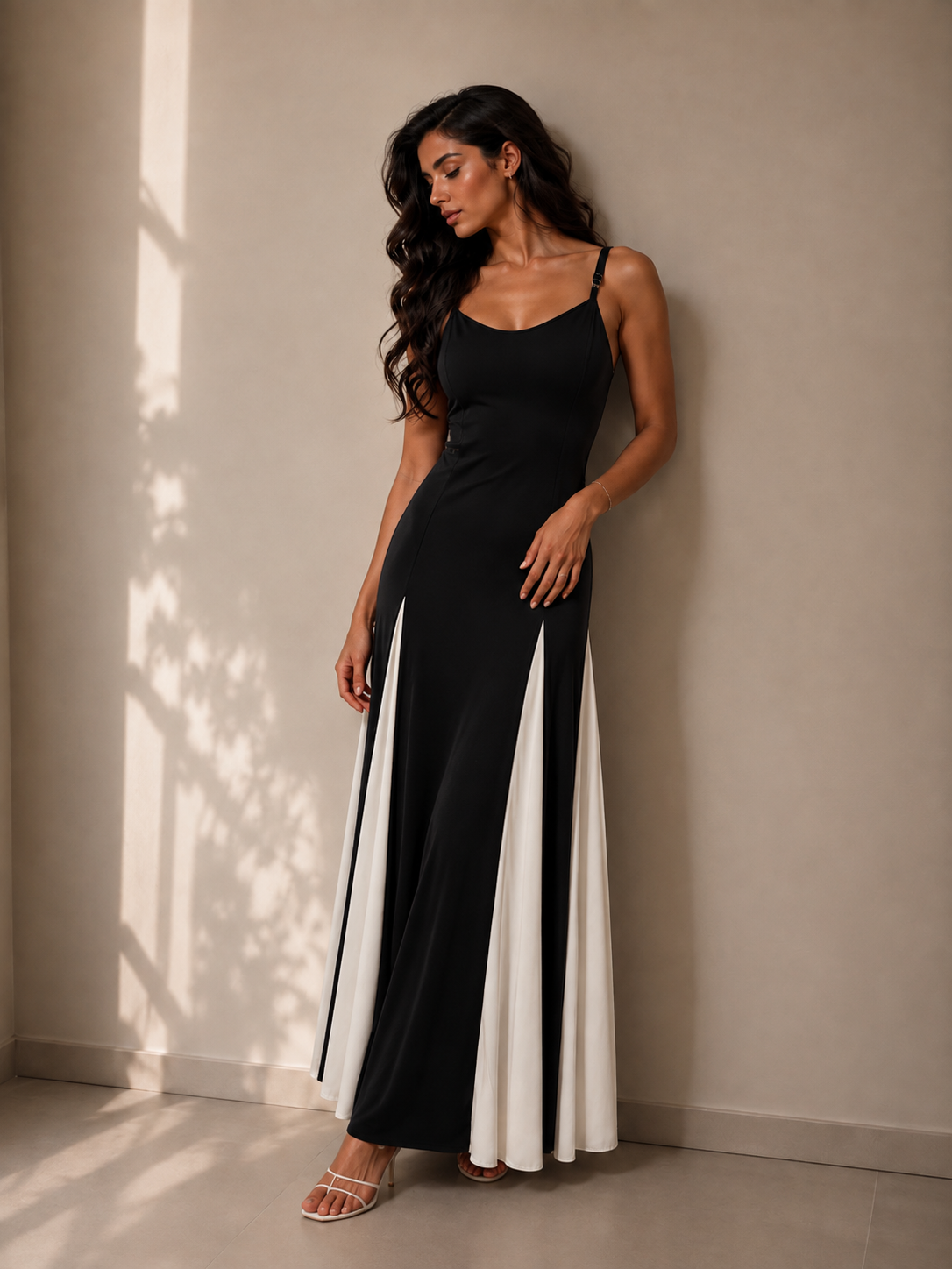 Long strap dress with white stripes at the bottom.