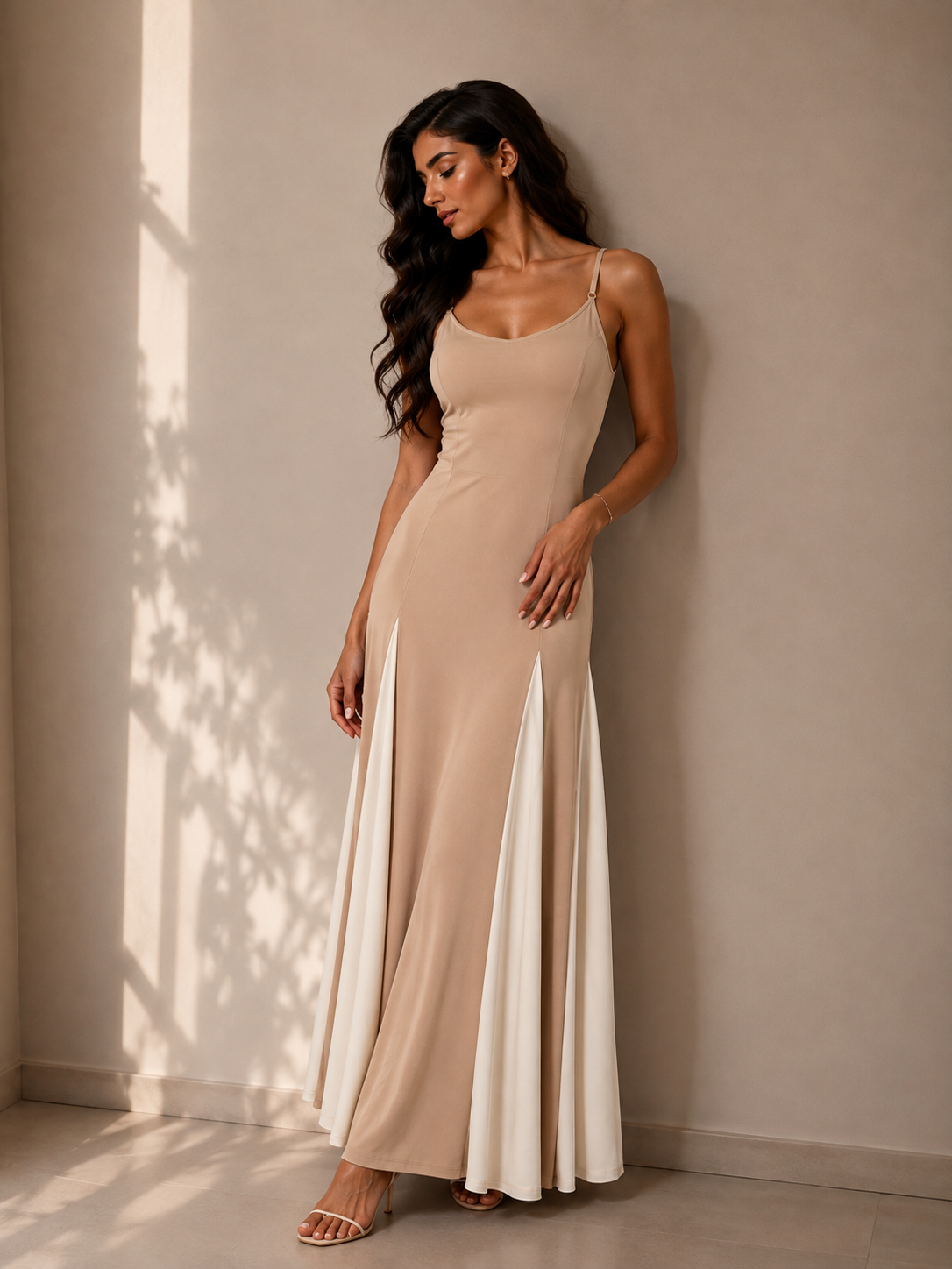 Long strap dress with white stripes at the bottom.