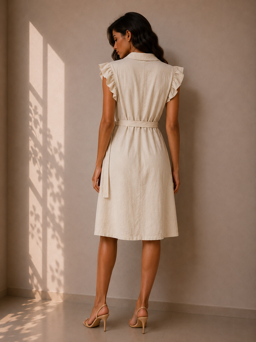 Midi dress featuring butterfly sleeves, front buttons, and a tie-waist.