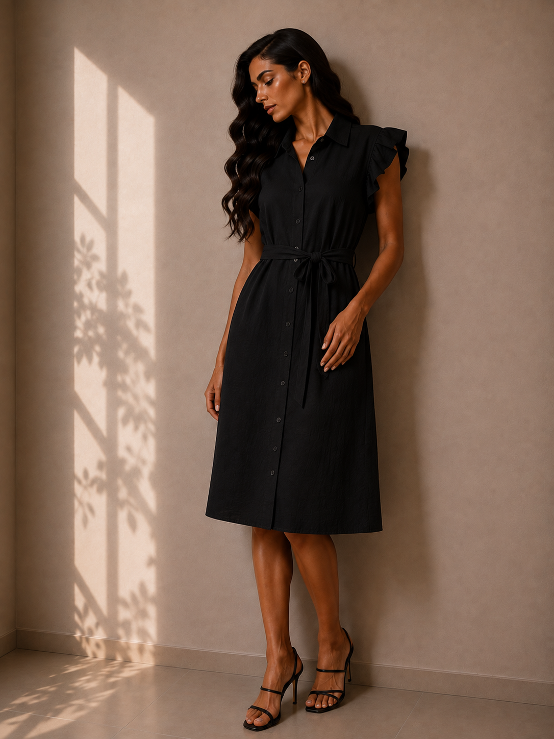 Midi dress featuring butterfly sleeves, front buttons, and a tie-waist.