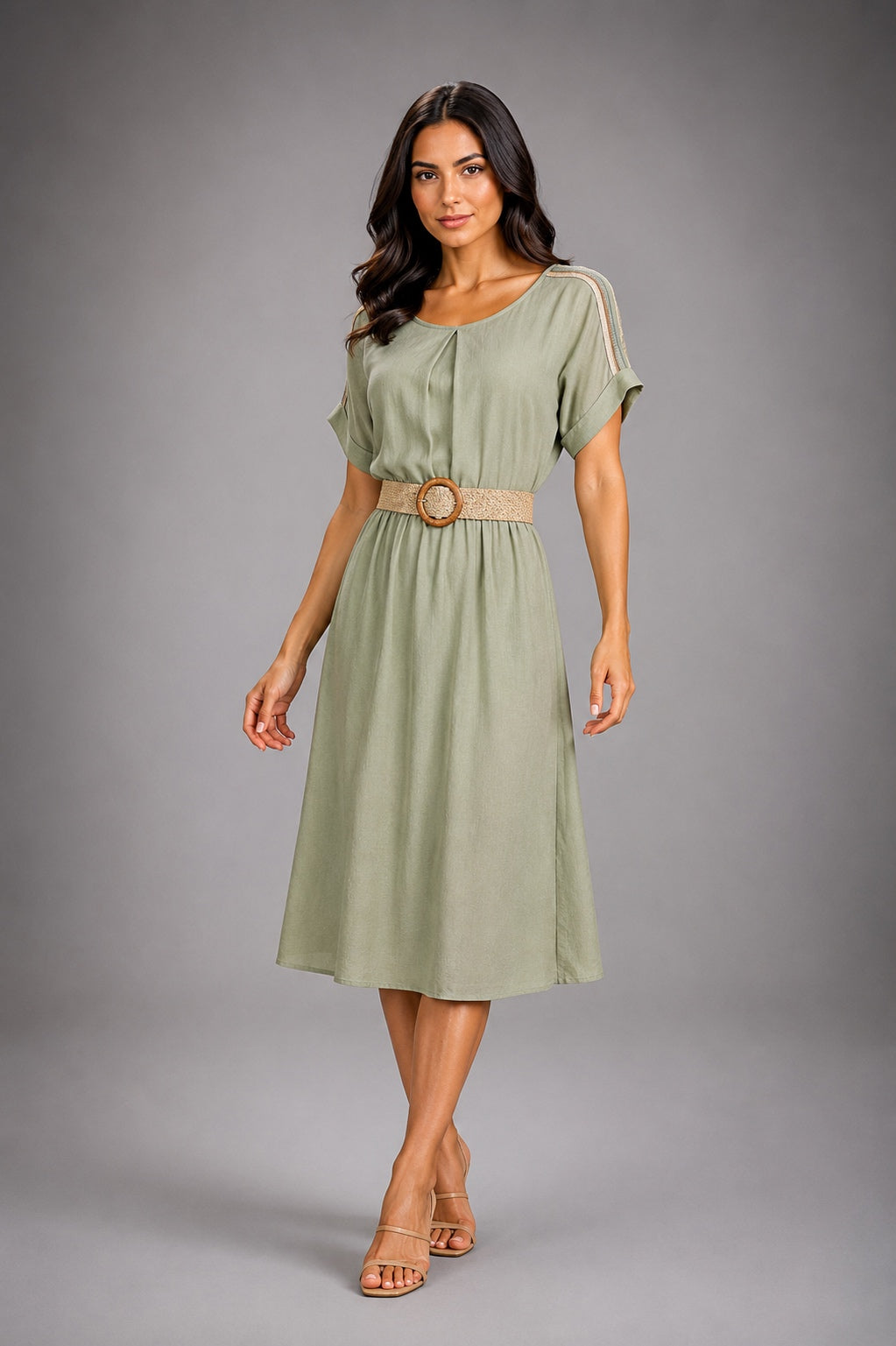 Midi dress with half sleeves subtle sheen and a straw belt.