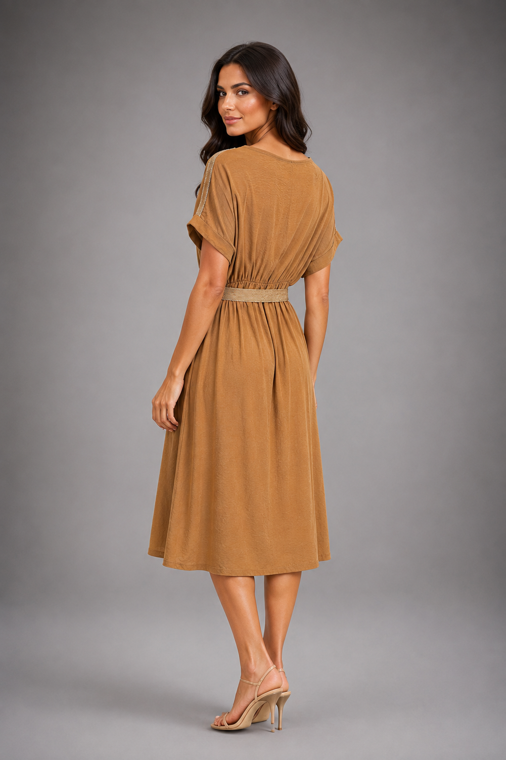 Midi dress with half sleeves subtle sheen and a straw belt.