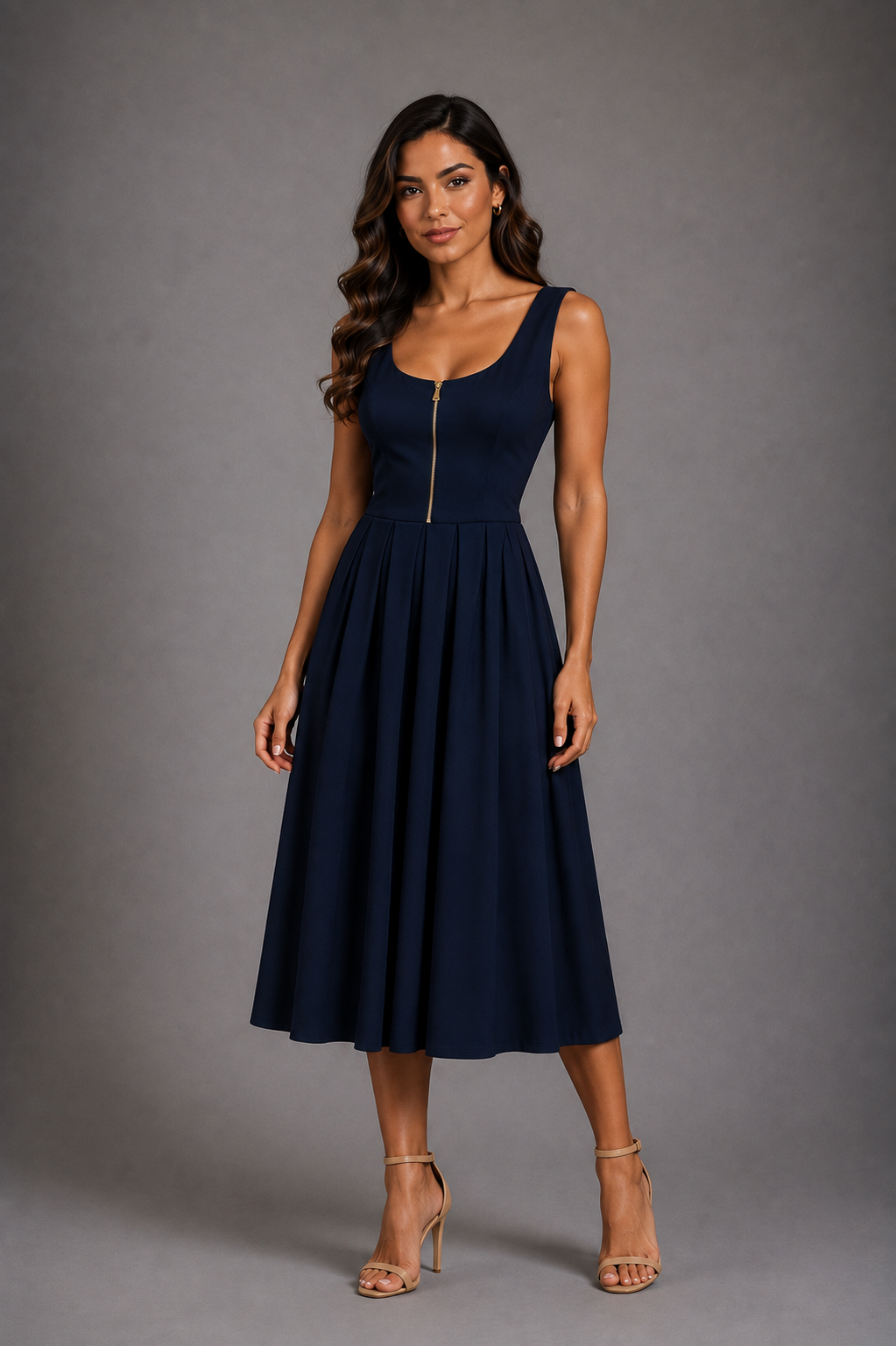 Sleeveless navy blue maxi dress with a zippered bodice.