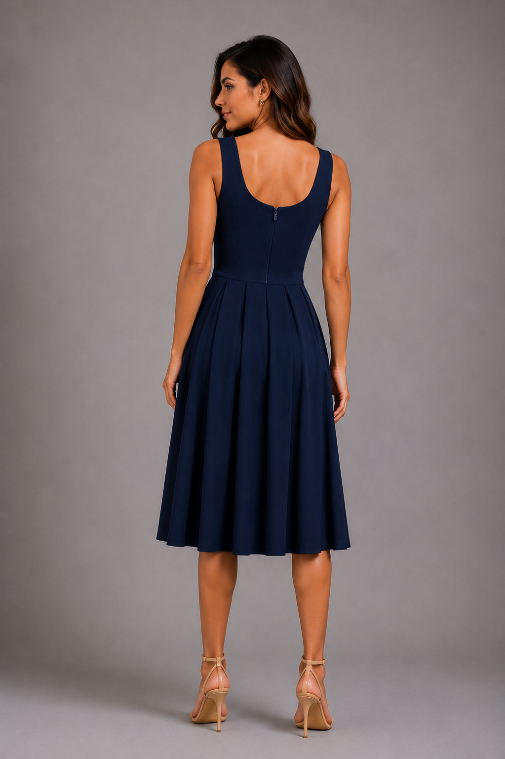 Sleeveless navy blue maxi dress with a zippered bodice.