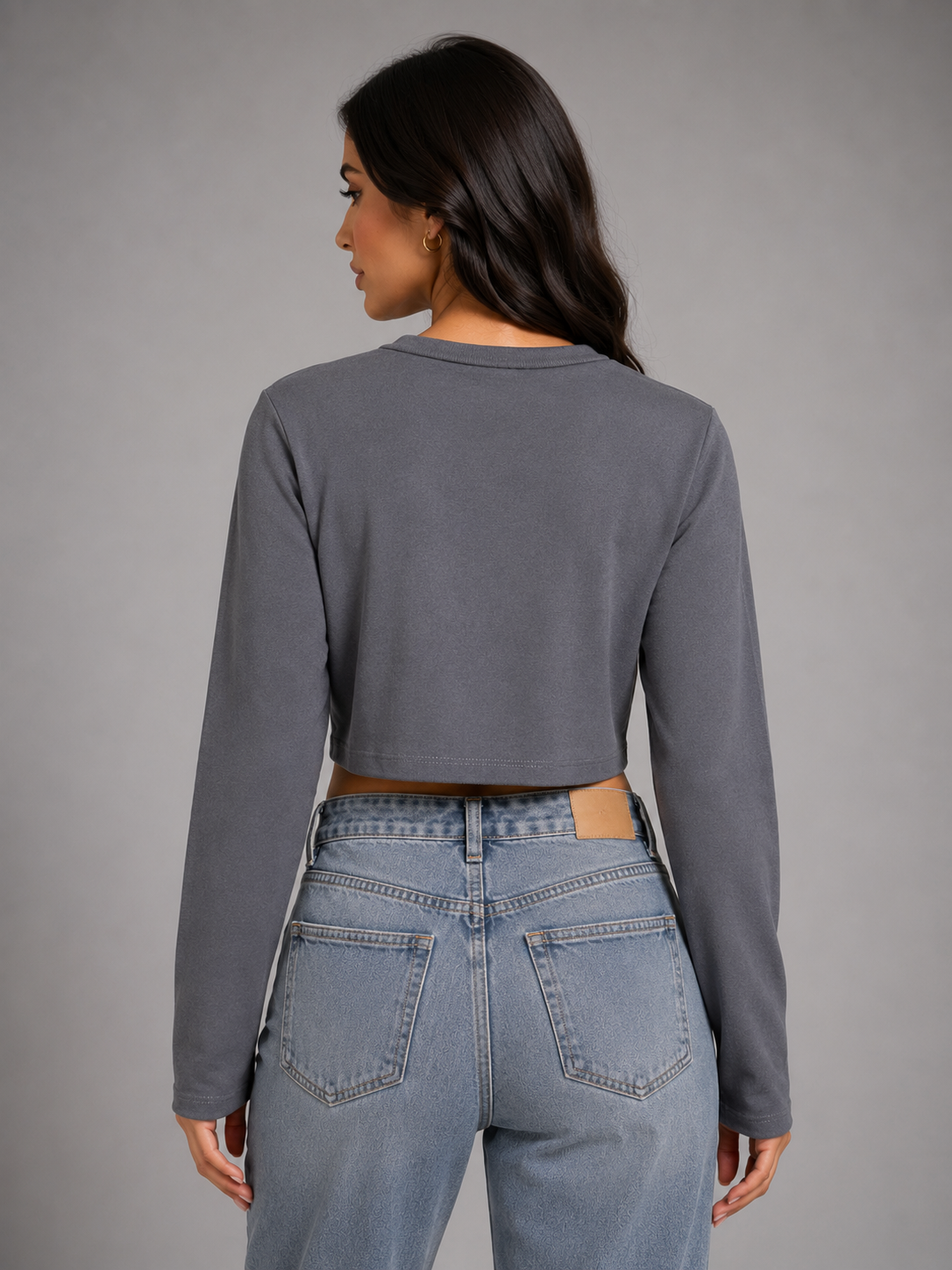 Grey button-front crop top with sleeves