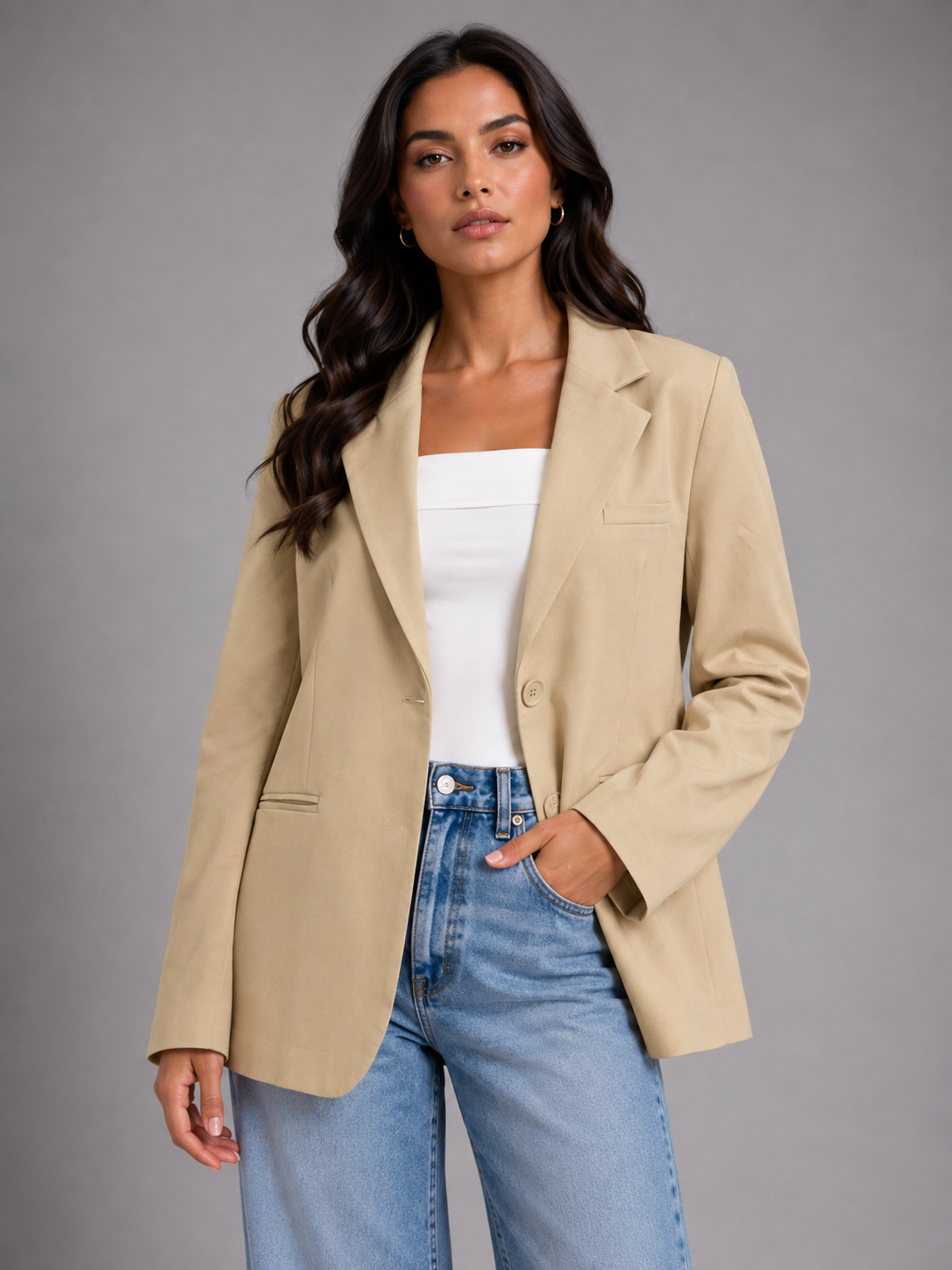 Oversized tan blazer with two buttons