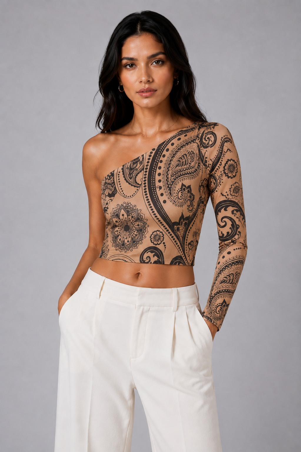 Beige embellished one-shoulder crop top