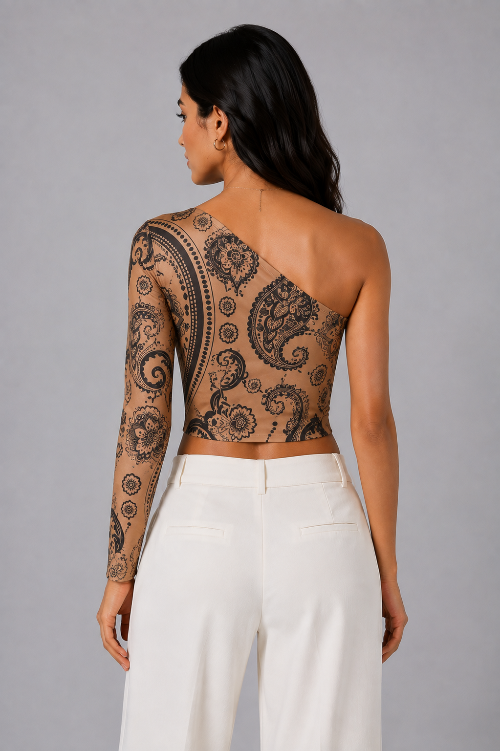 Beige embellished one-shoulder crop top