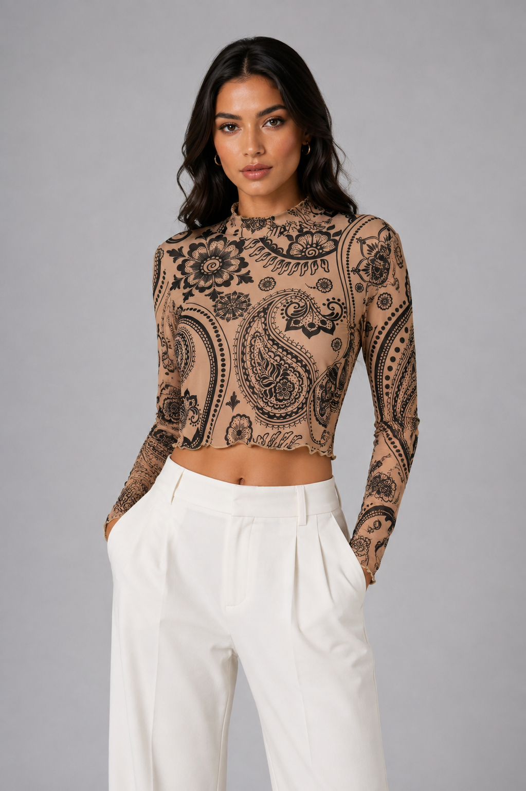 Beige patterned high-neck blouse
