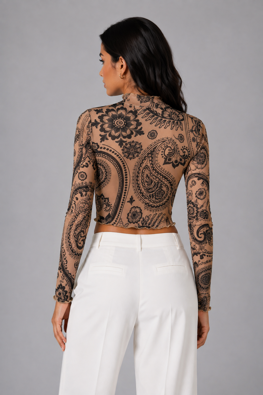 Beige patterned high-neck blouse
