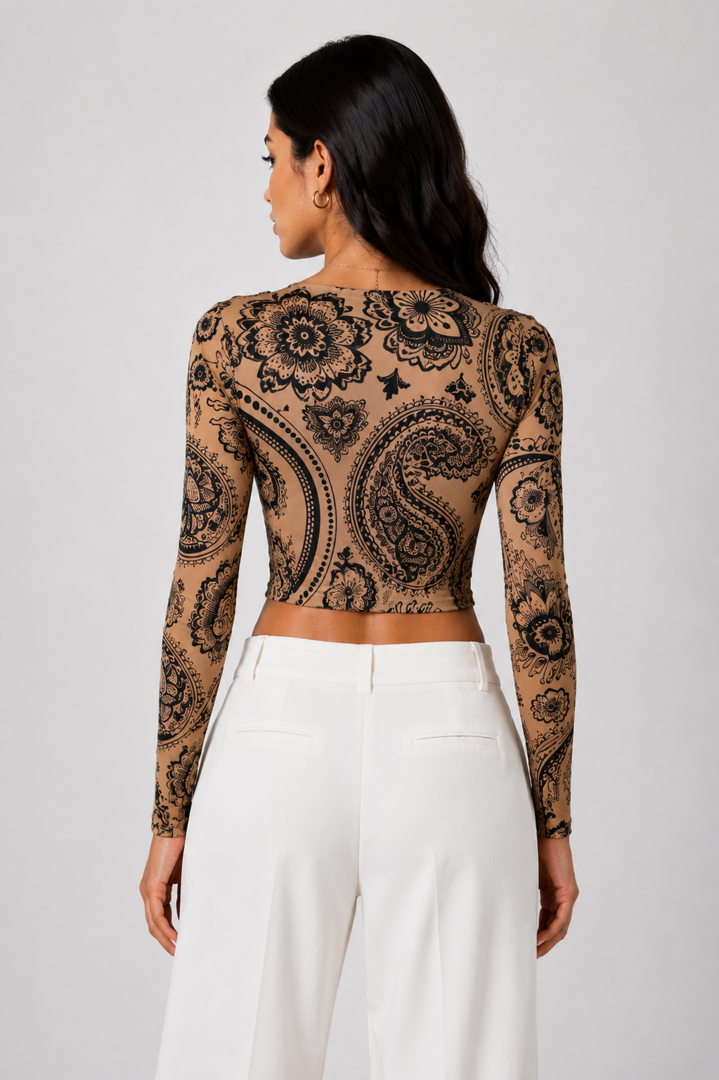 Beige patterned round-neck cropped blouse