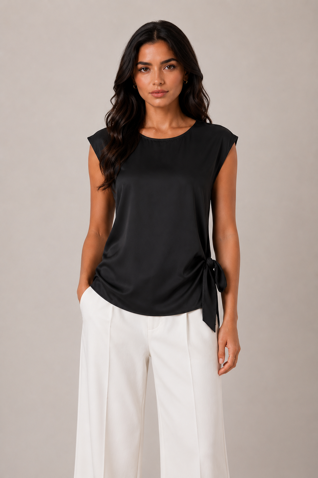 Black sleeveless tie-waist top