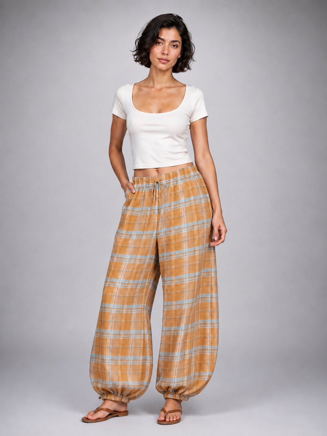 Orange and blue plaid balloon pants