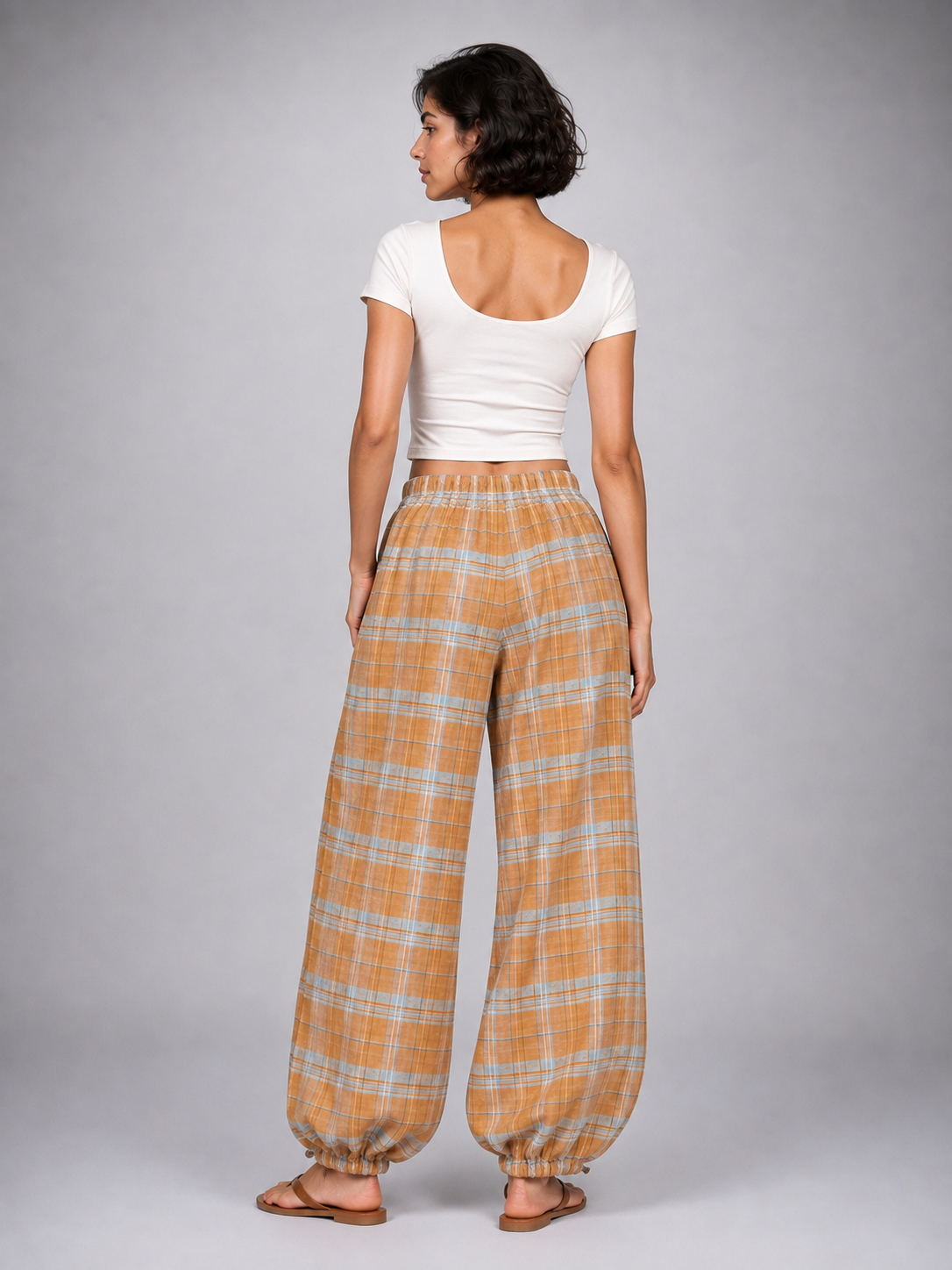 Orange and blue plaid balloon pants