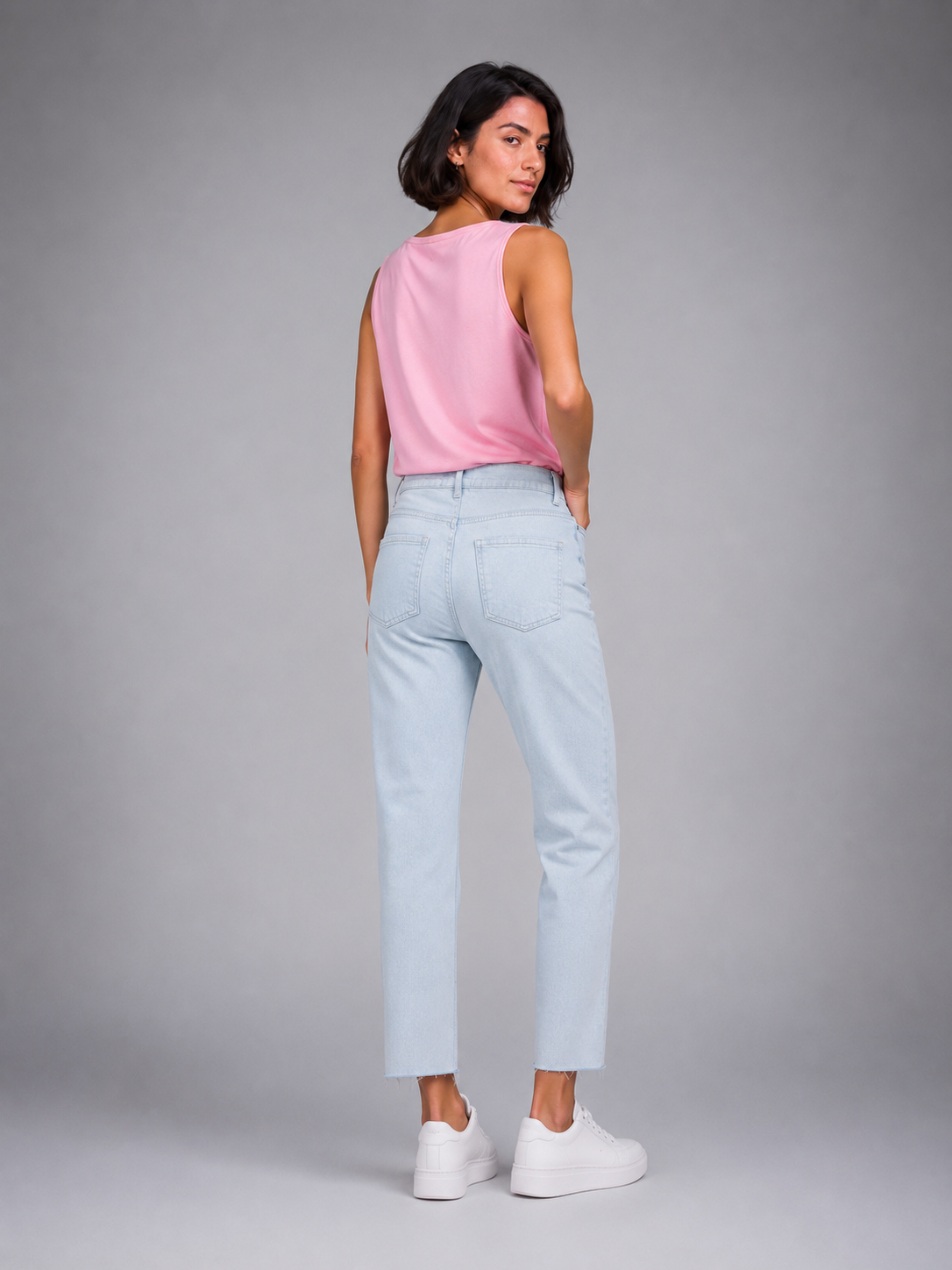 Blue tapered jeans with cropped hems