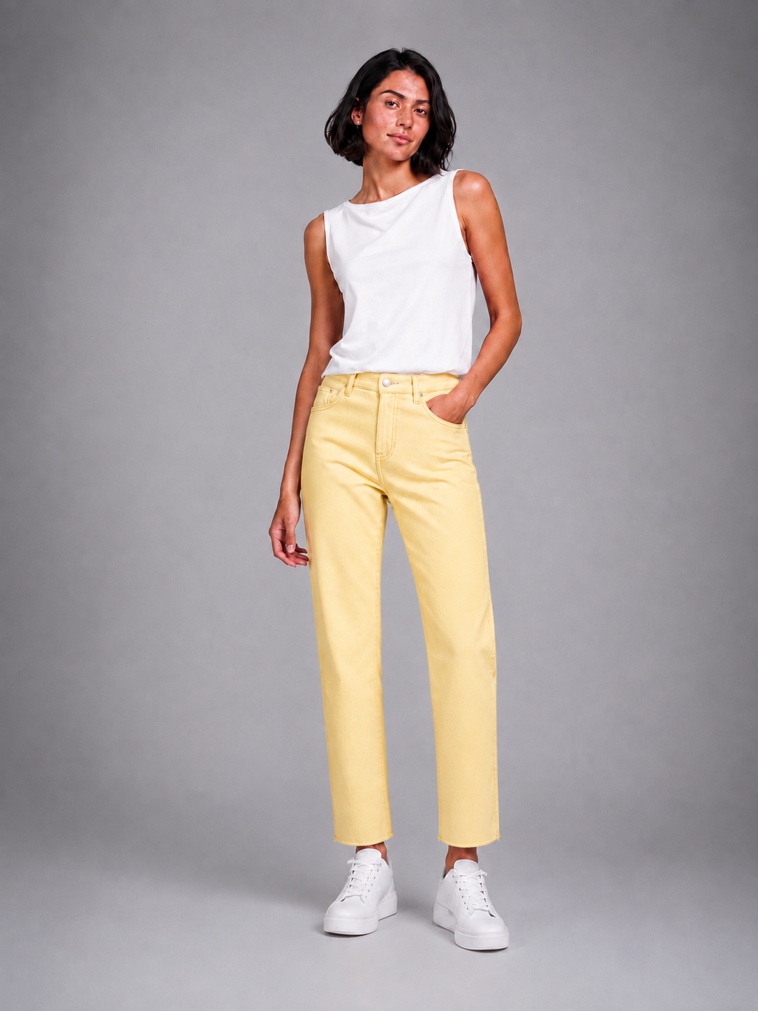 Blue tapered jeans with cropped hems