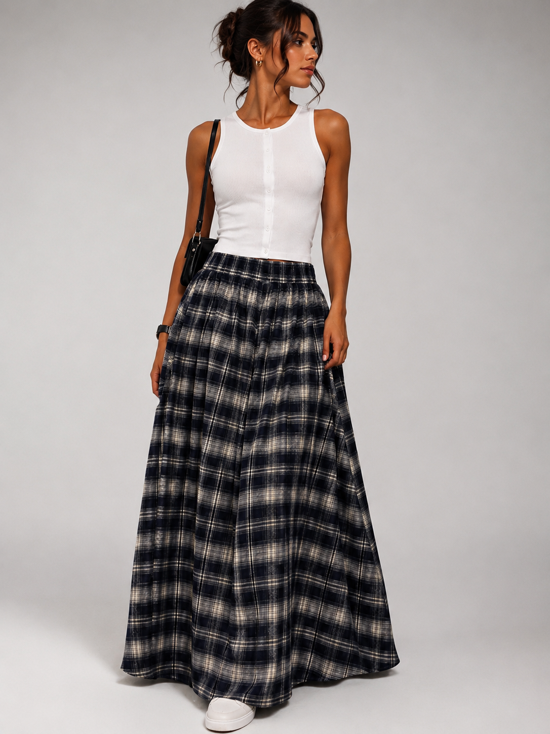 Long navy and grey plaid skirt