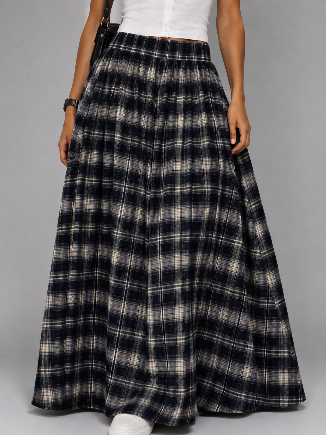 Long navy and grey plaid skirt