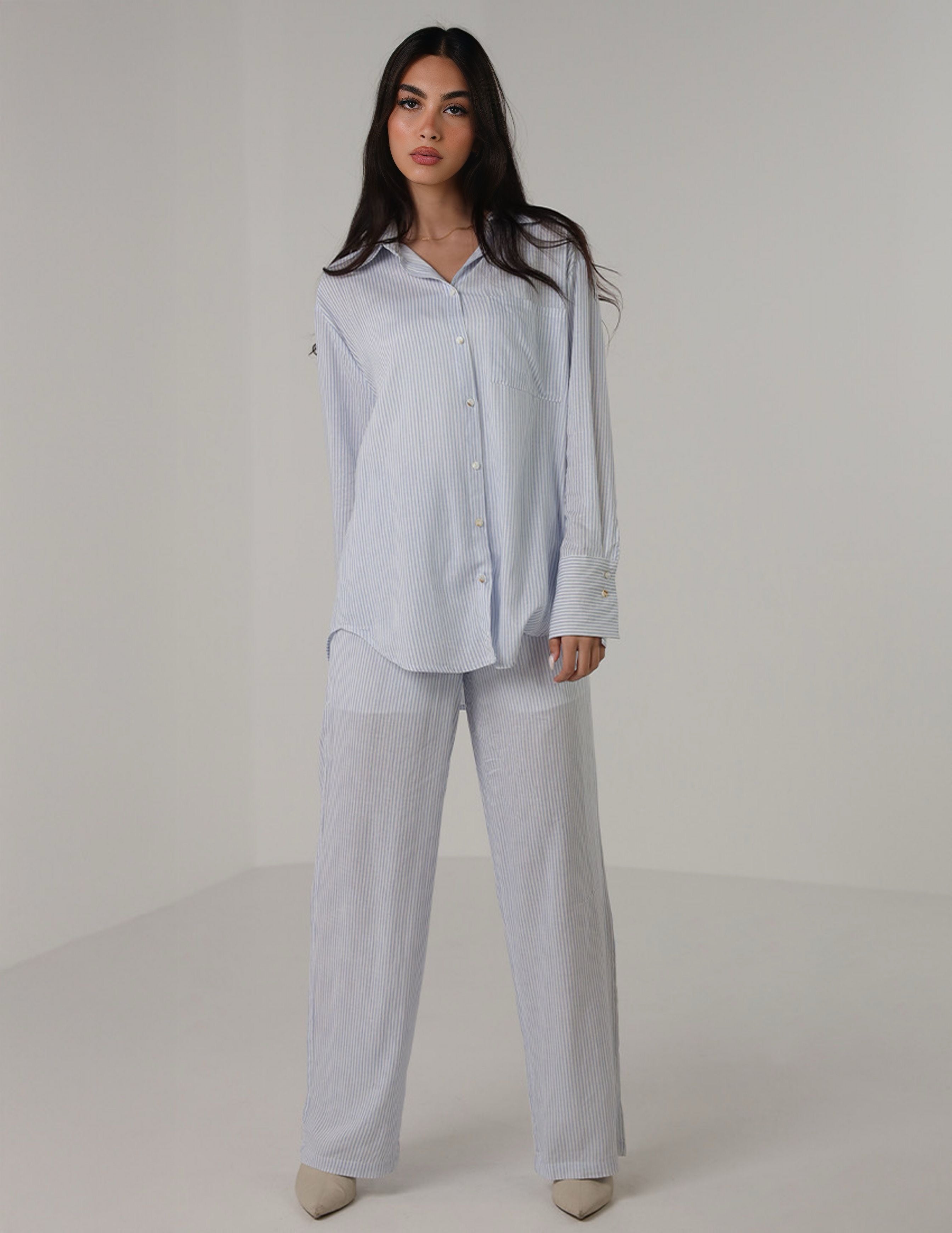 Striped Button-Up Shirt and Drawstring Pants Set