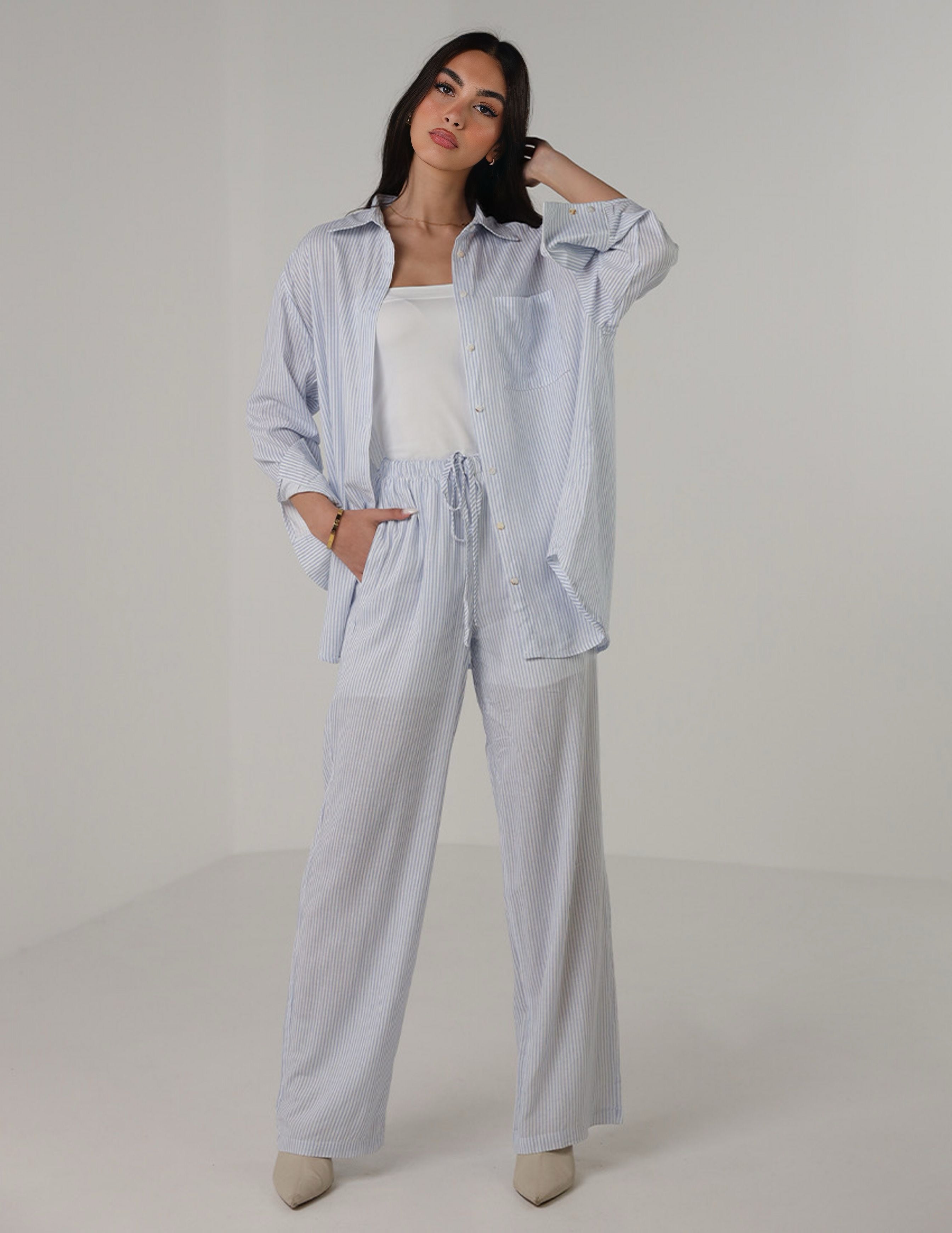 Striped Button-Up Shirt and Drawstring Pants Set
