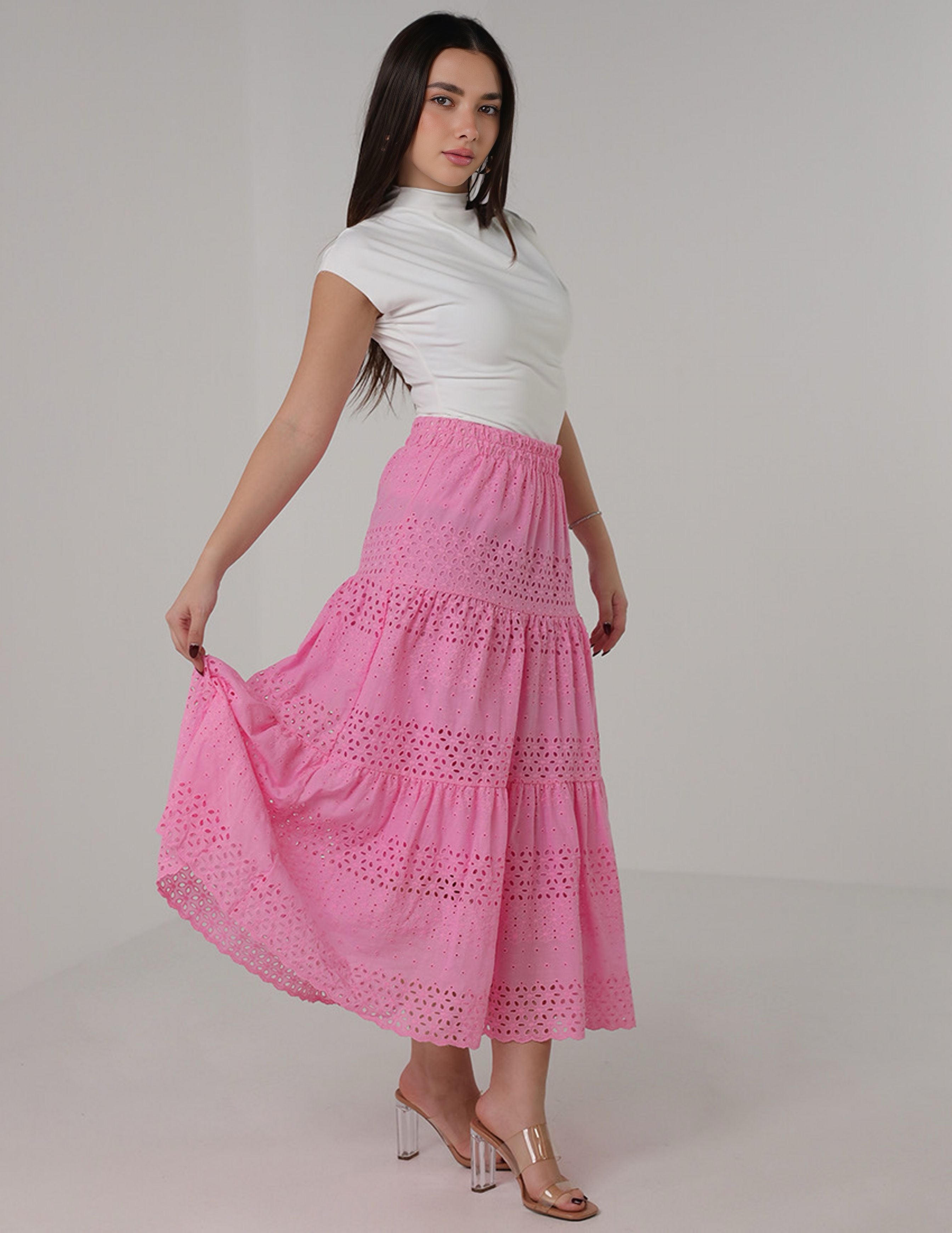 Eyelet Embroidered Tiered Maxi Skirt
