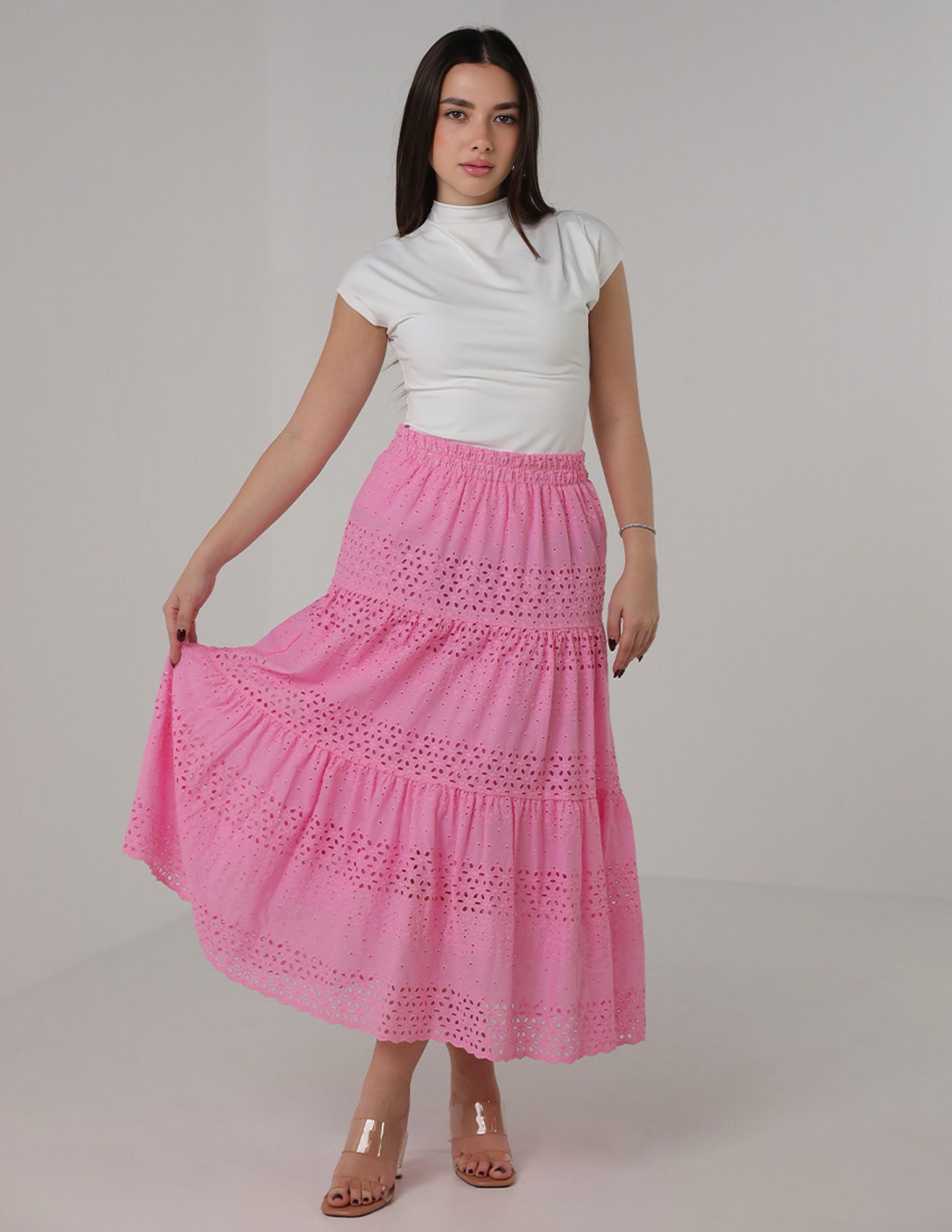 Eyelet Embroidered Tiered Maxi Skirt