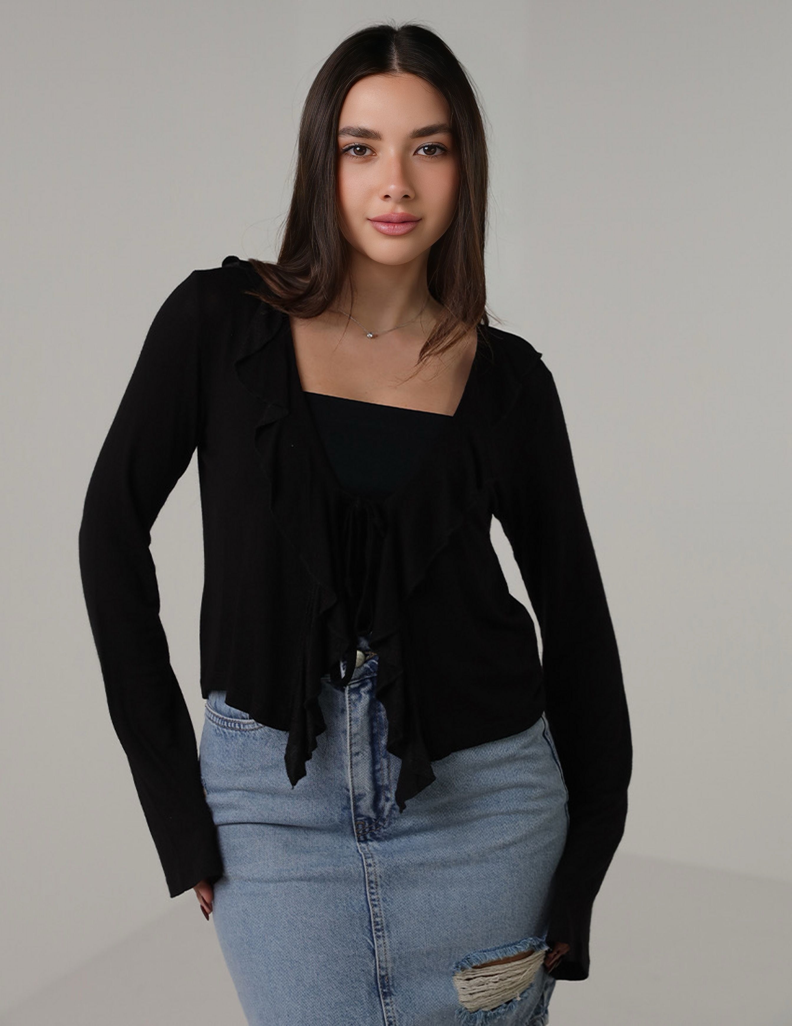 Ruffled Tie-Front Cardigan