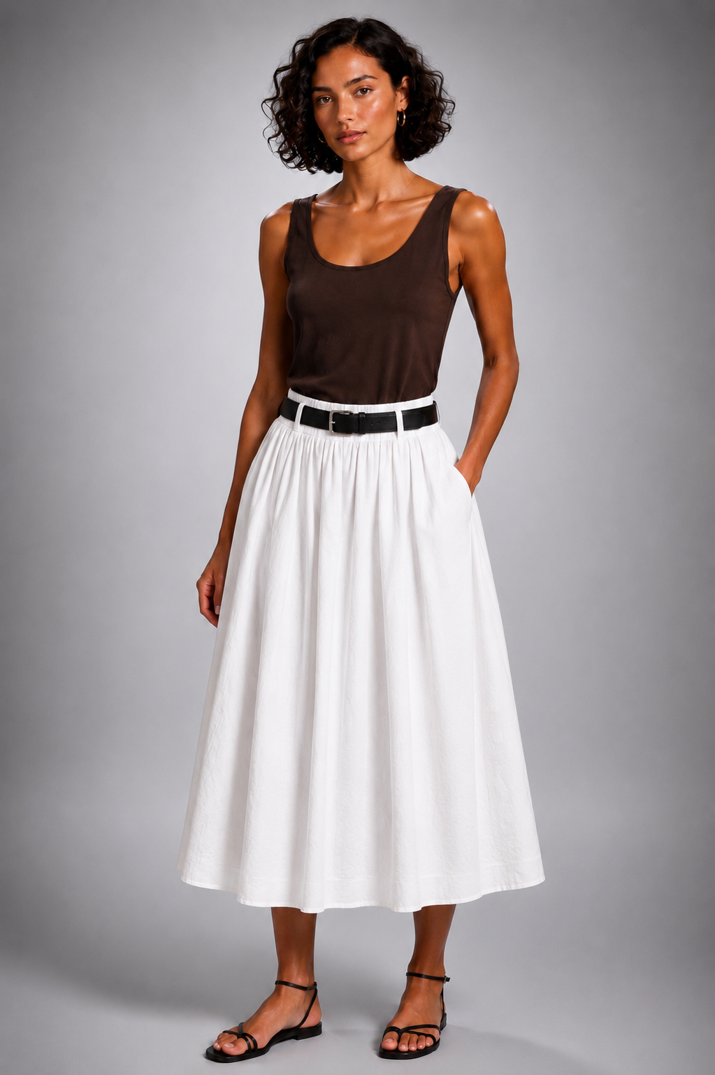 Midi skirt with a black leather belt
