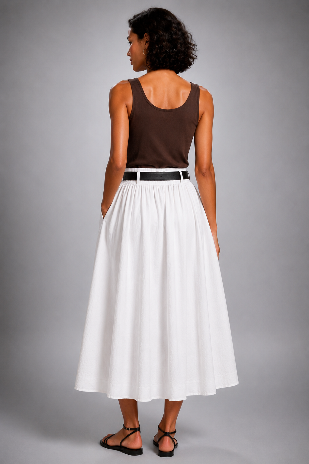 Midi skirt with a black leather belt