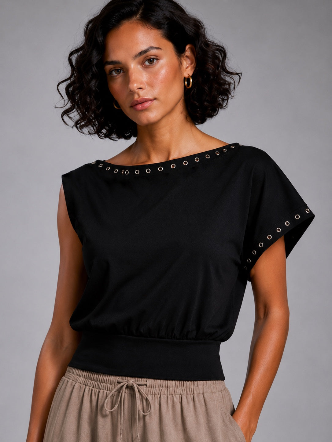 Cowl-neck blouse with metal rings