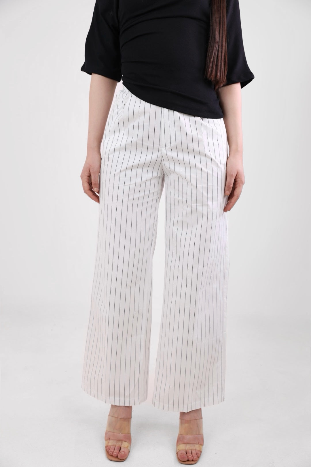 White wide leg trousers with black stripes