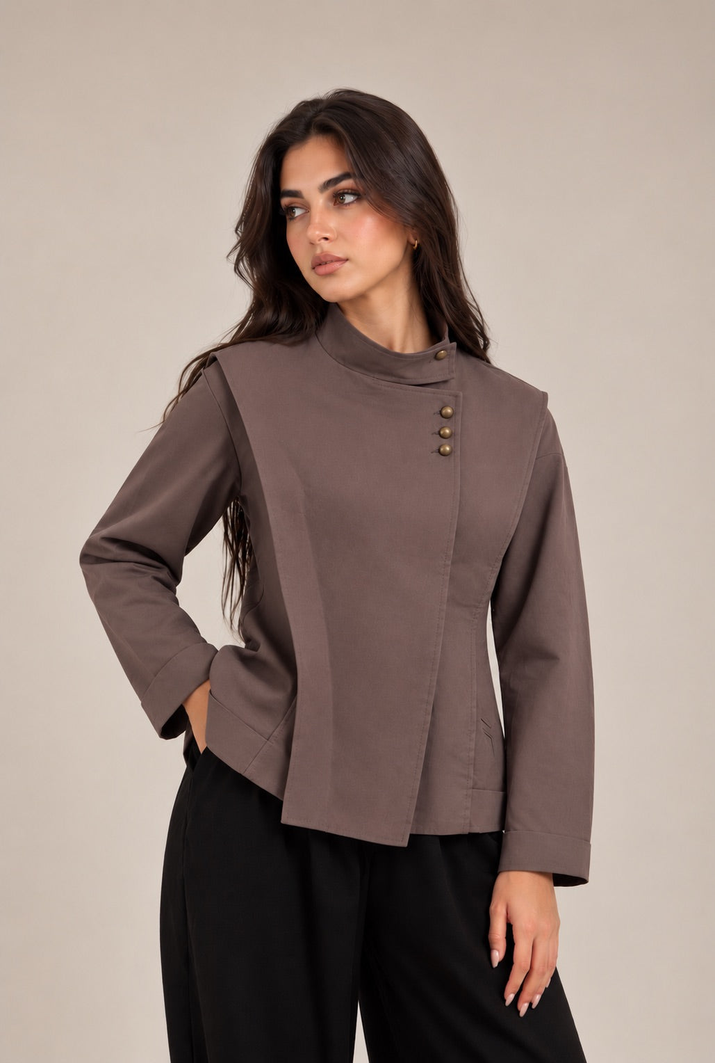 Midi jacket with a buttoned stand collar