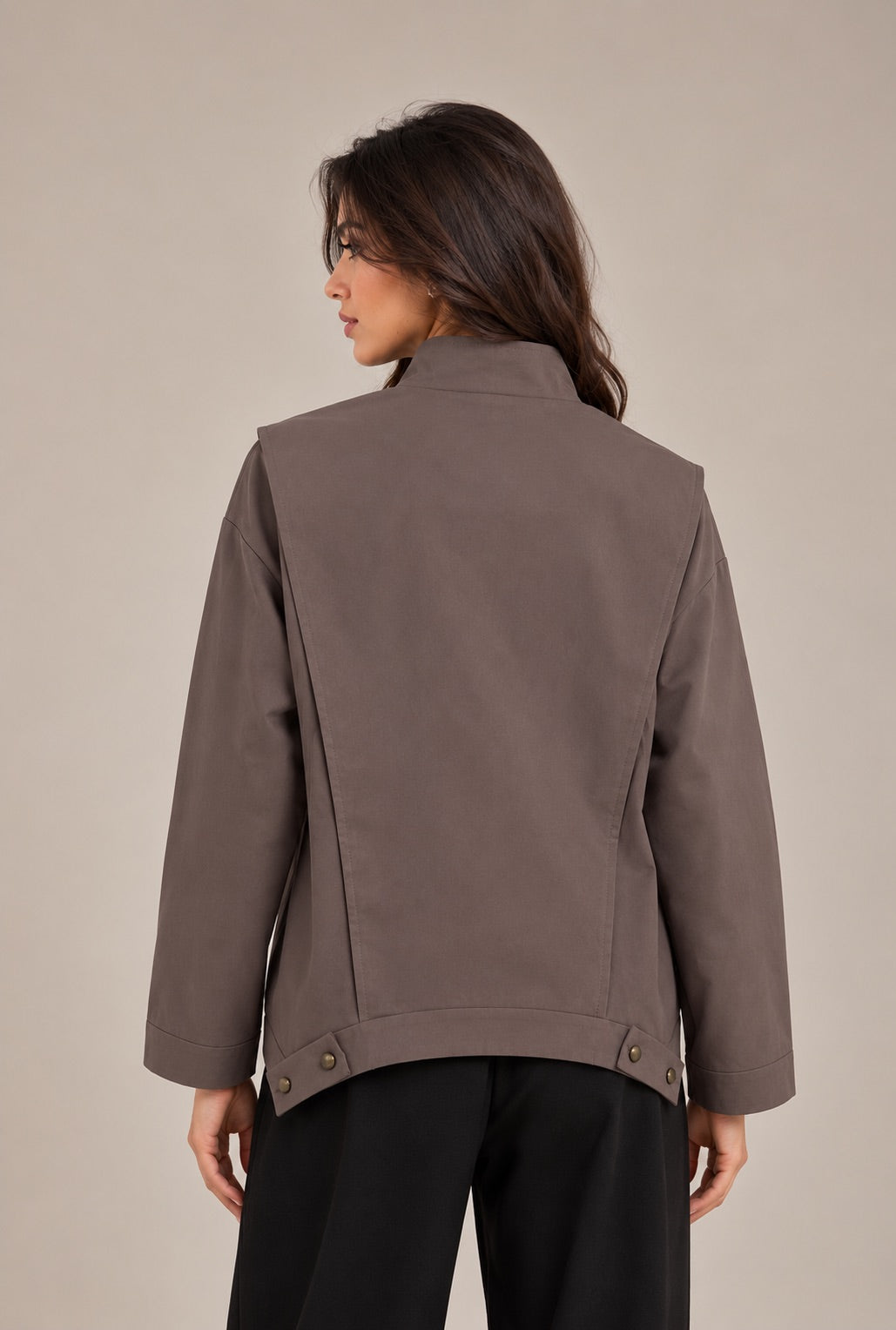Midi jacket with a buttoned stand collar