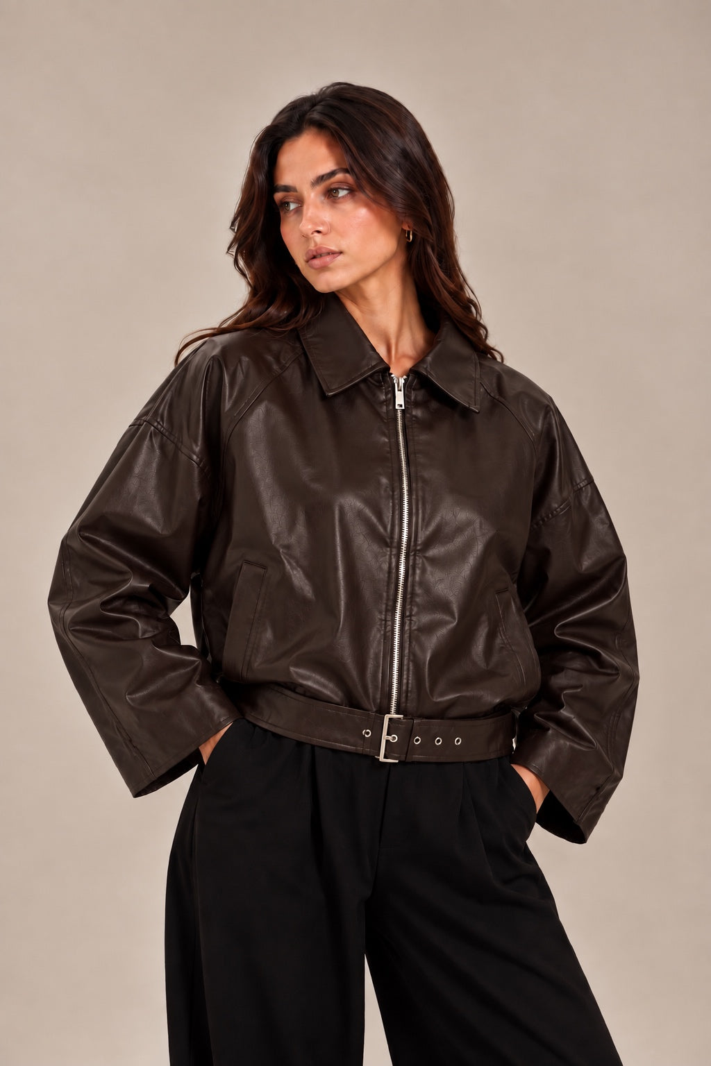 Bumper leather jacket with waist belt